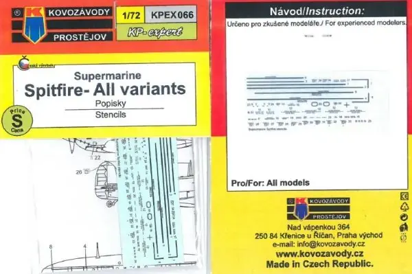 Vendita Finale Spitfire Stencil 1/72 - KOVOZAVODY PROSTEJOV KPEX066