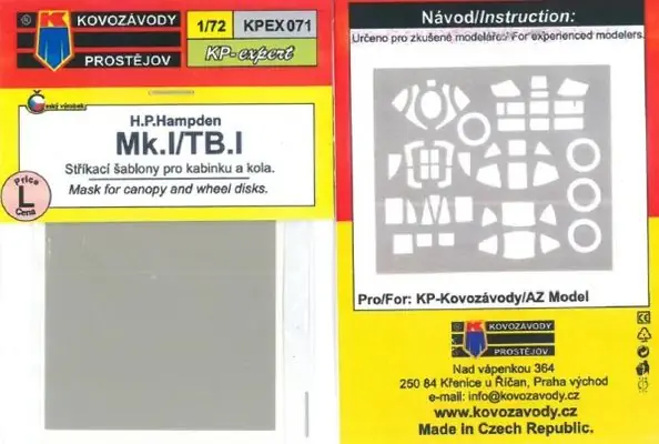 Novità H.P. Hampden Mk.I/TB.I tettuccio e dischi delle ruote Maschera1/72 - KOVOZAVODY PROSTEJOV KPEX071